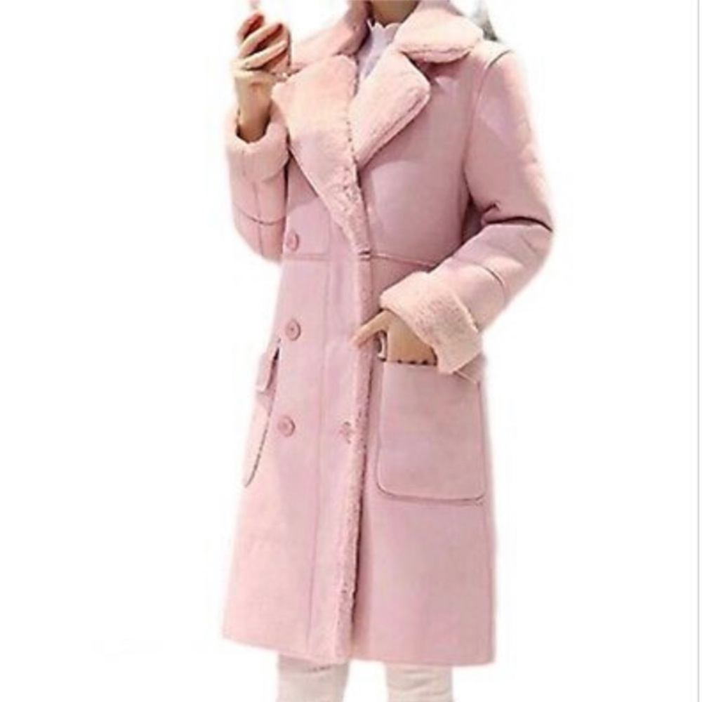 Women's winter faux suede jacket buttoned pink coat in Medium